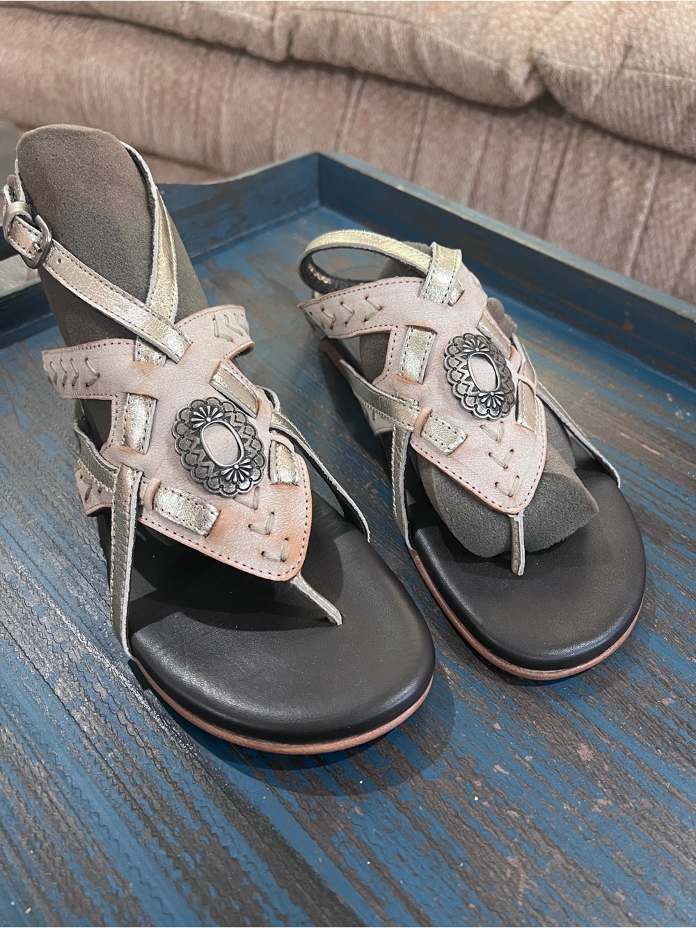 Lane Boot Metallic Tan Leather with Floral Medallion Sandals